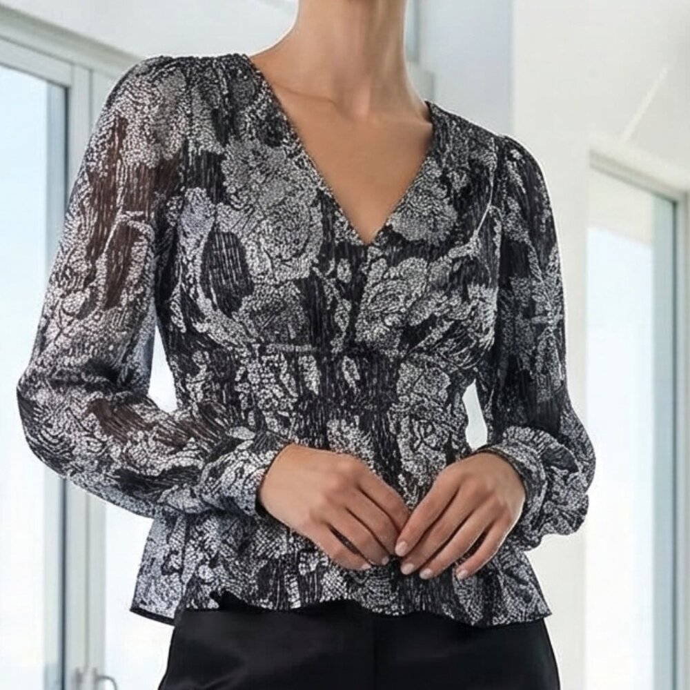 NWT $118 By Anthropologie Metallic Smocked LongSleeve Shirt silver metallic blue